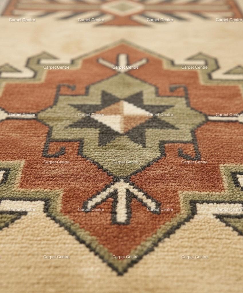 Hand-Knotted Wool Oushak Rug, Beige Geometric Tribal Design