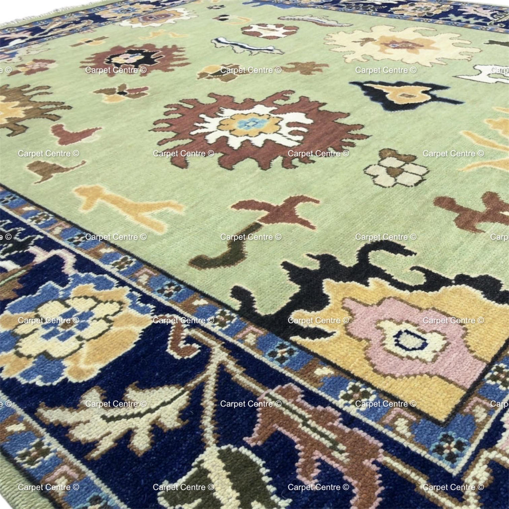 Hand-Knotted Sage Green Oushak Wool Rug, Navy Border, Living Room Decor