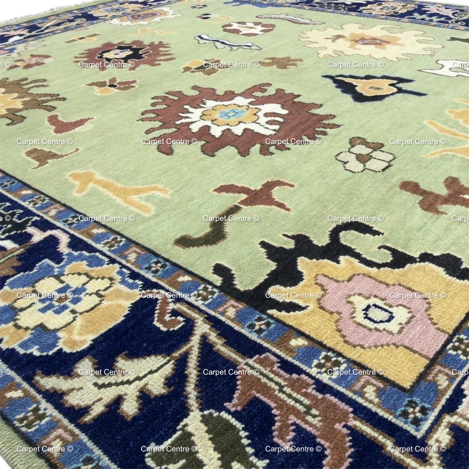 Hand-Knotted Sage Green Oushak Wool Rug, Navy Border, Living Room Decor