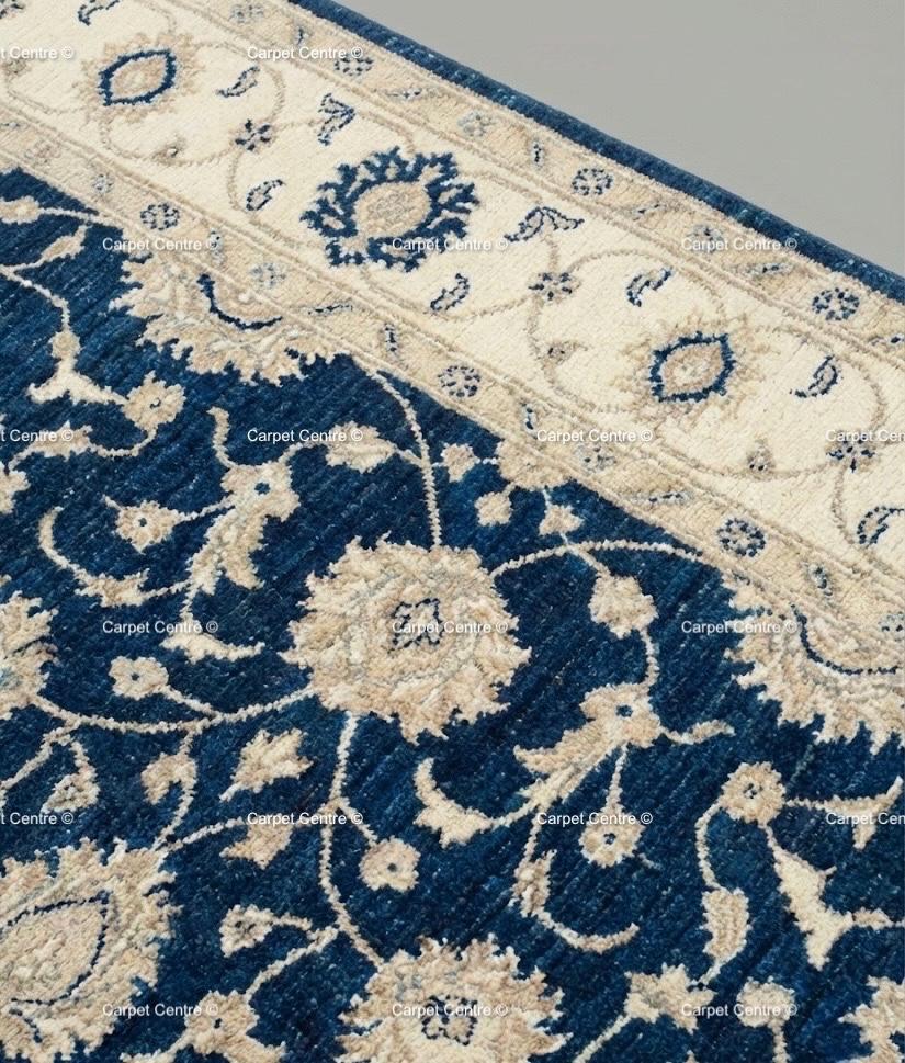 Navy Blue Oushak Rug, Hand-Knotted Wool, Ivory Floral Turkish Knot