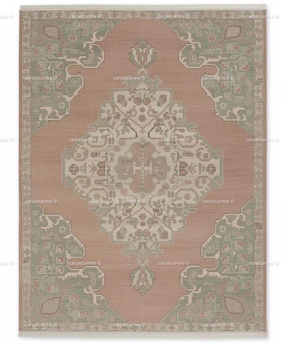 Hand Knotted Oushak Rug: Dusty Rose, Sage Green, New Zealand Wool Carpet