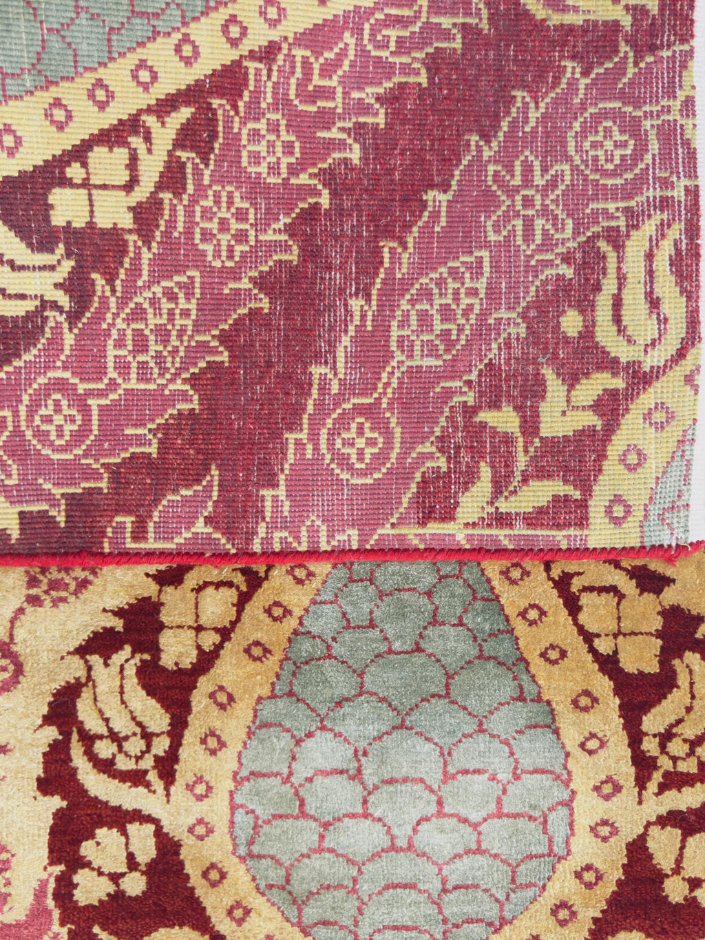 Handwoven Wool Rug – Maroon & Gold Paisley Teardrop Design, Indian Style