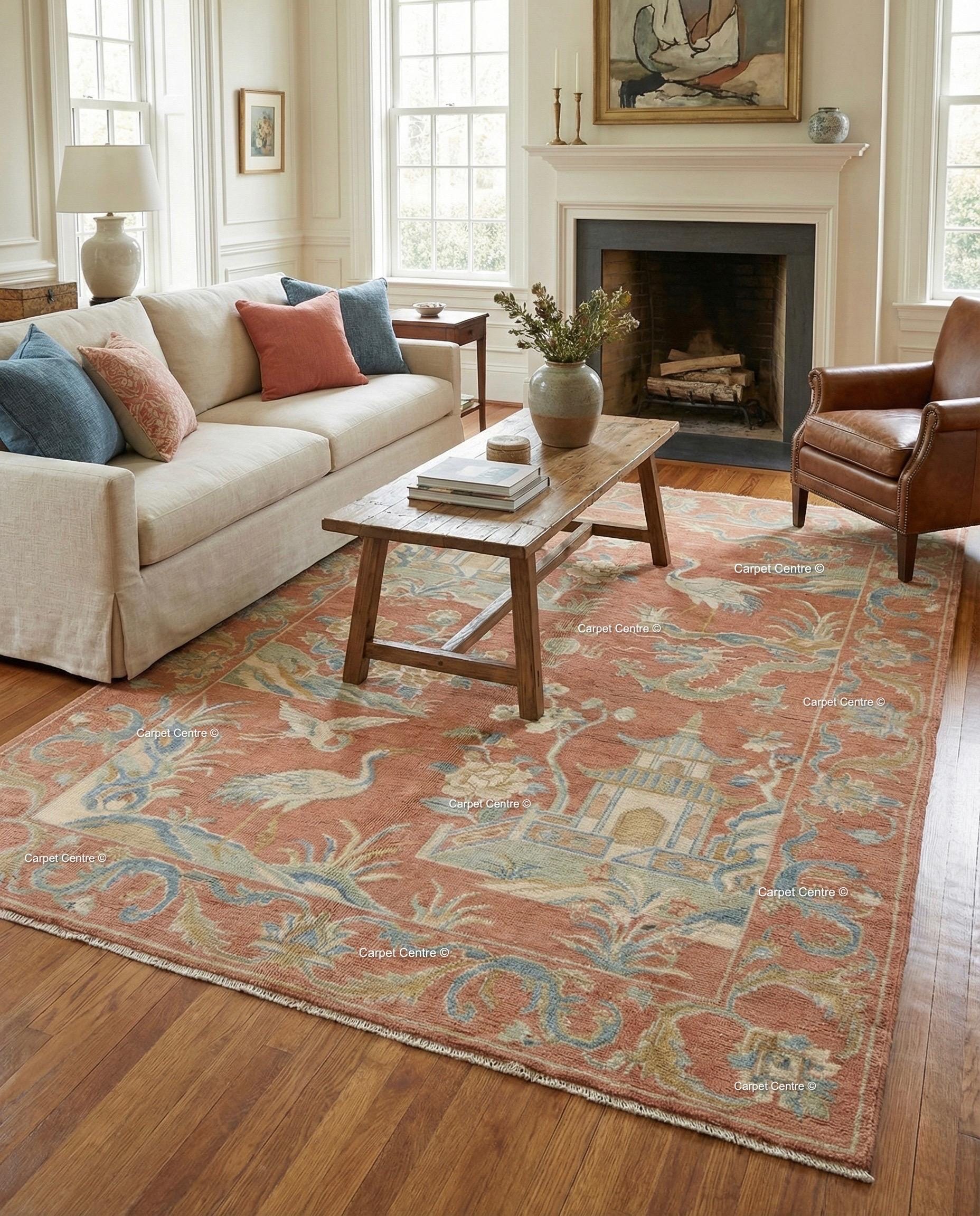 Terracotta Chinoiserie Wool Rug, Hand Knotted Oushak, Dragon Crane Motif