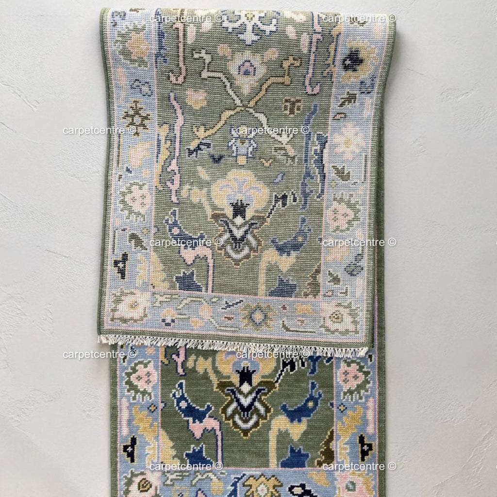 Sage Green Oushak Wool Runner, Floral Hallway Rug, Boho Kitchen Mat