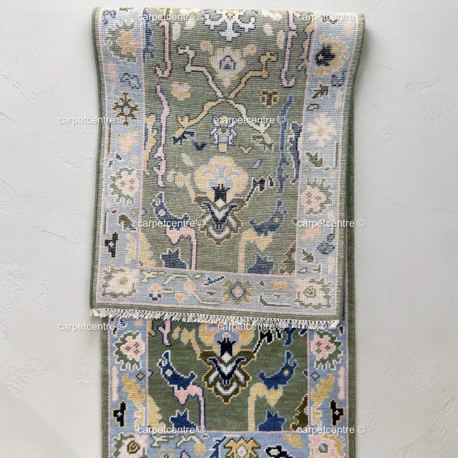 Sage Green Oushak Wool Runner, Floral Hallway Rug, Boho Kitchen Mat