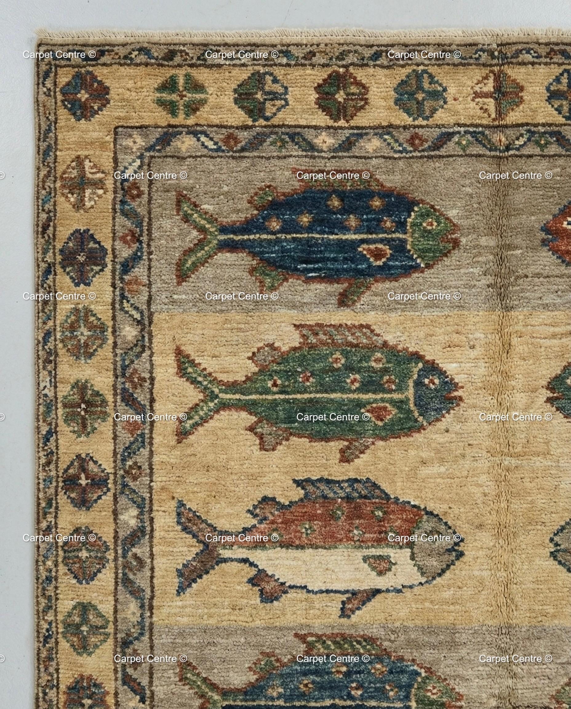Handmade Wool Fish Rug, Turkish Oushak, Coastal Cabin Decor