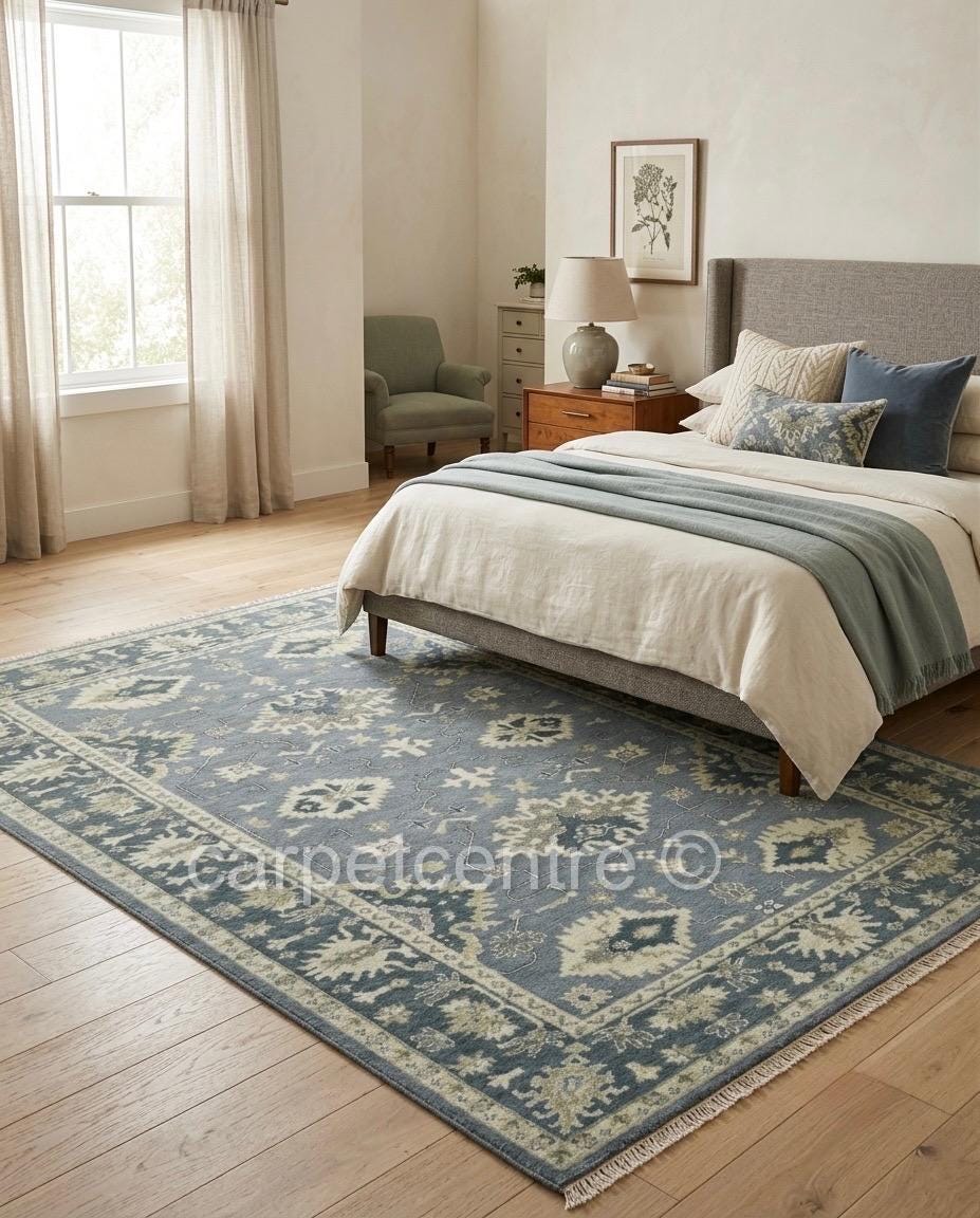 Muted Blue Oushak Rug | Vintage Geometric Turkish Wool Area Rug