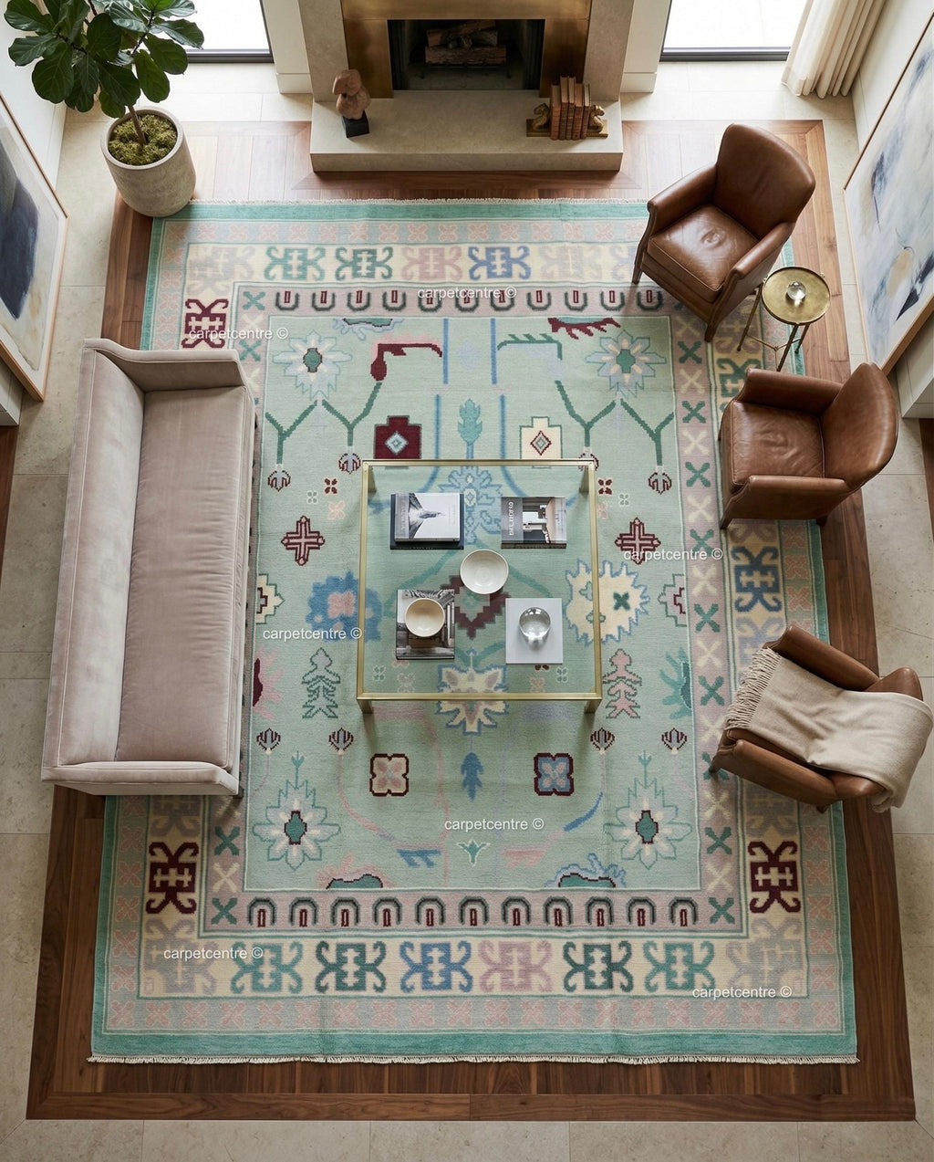 Mint Green Oushak Rug, Seafoam Pastel Turkish Floral Geometric Carpet