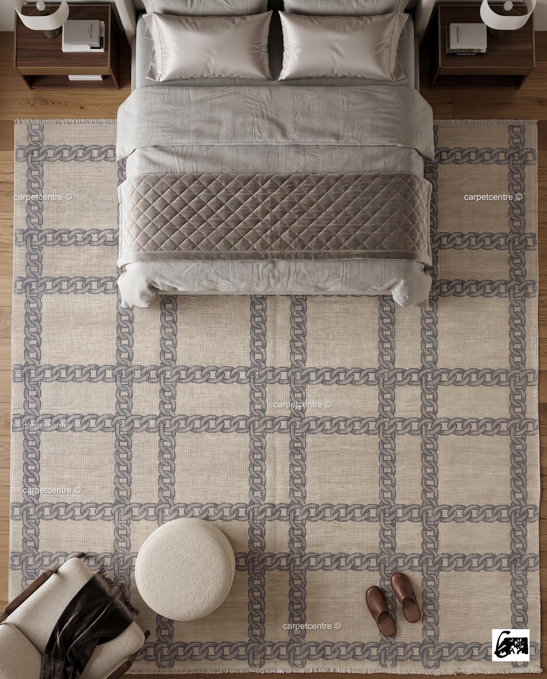 Hand Knotted Wool Oushak Rug, Slate Blue Chain Link Plaid, Transitional Greige Carpet