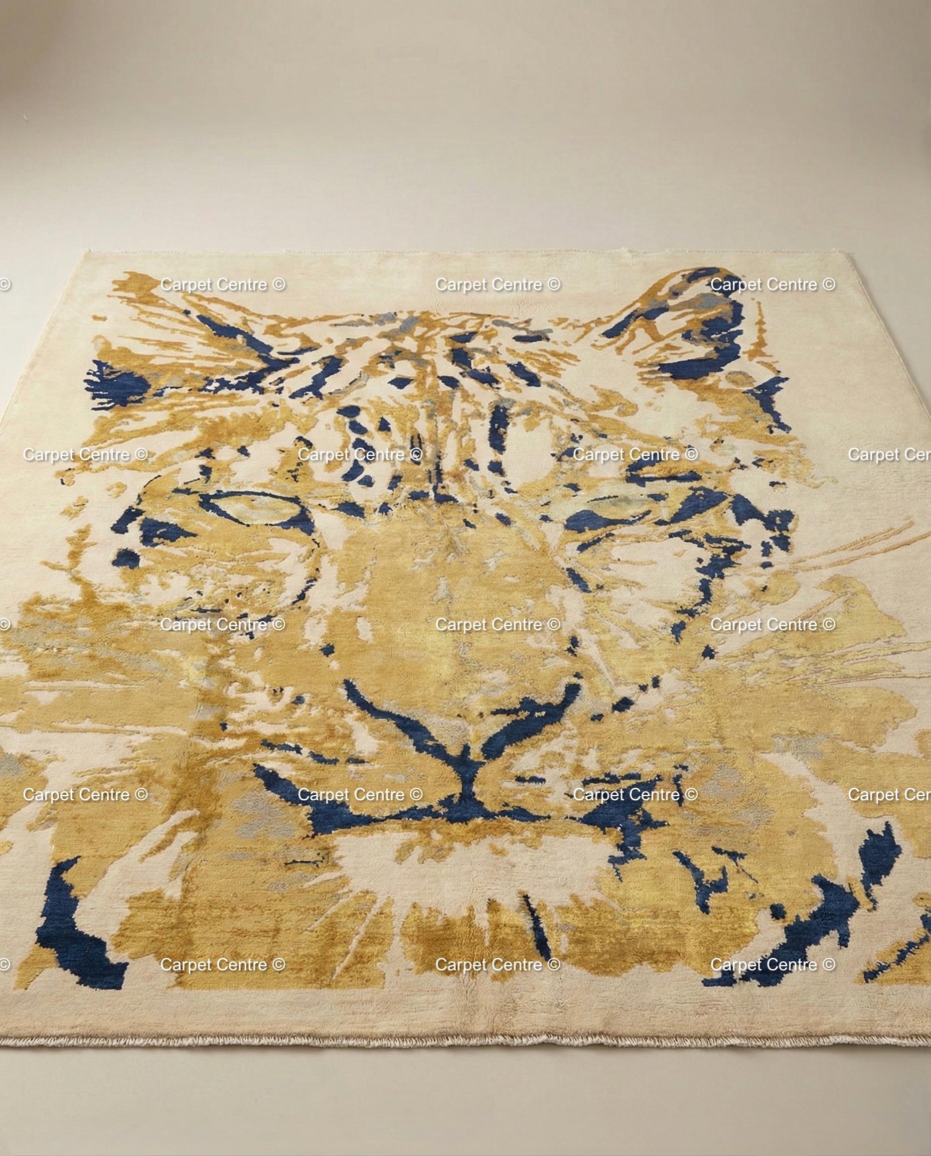 Hand-Knotted Silk Wool Abstract Tiger Oushak Rug, Modern Animal Print Area Rug