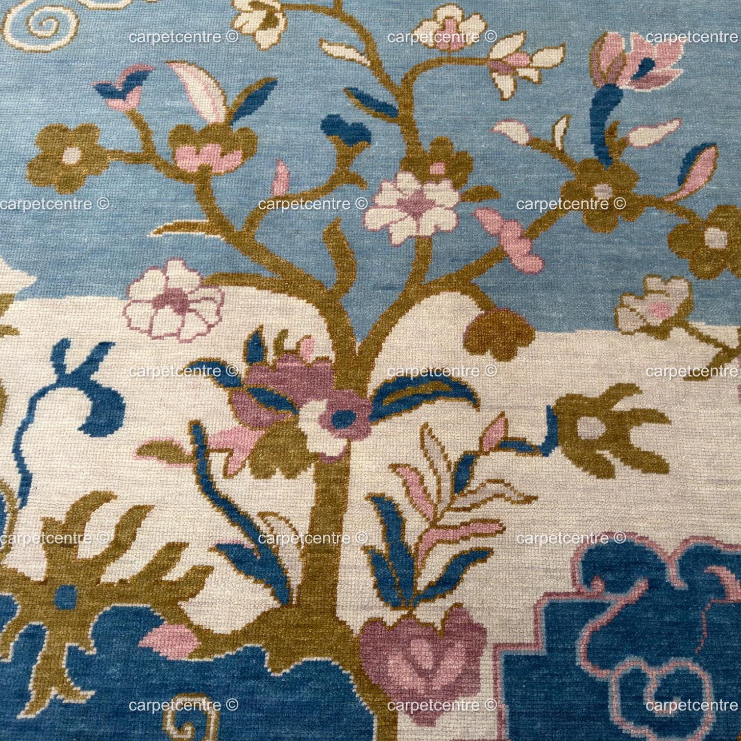 Sky Blue Chinoiserie Wool Rug,8x10 9x12 Hand-Knotted Turkish Living Room Bedroom Decor