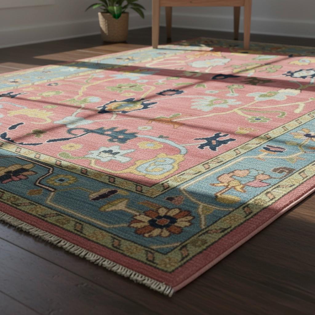 Hand-Knotted Oushak Wool Rug | Pink & Sky Blue Folk Floral