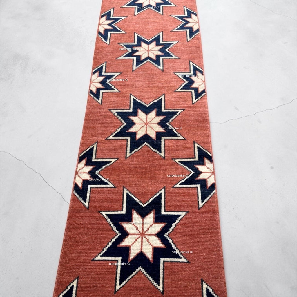 Terracotta Star Oushak Runner Rug | Geometric Navy Boho Hallway Entryway Rug