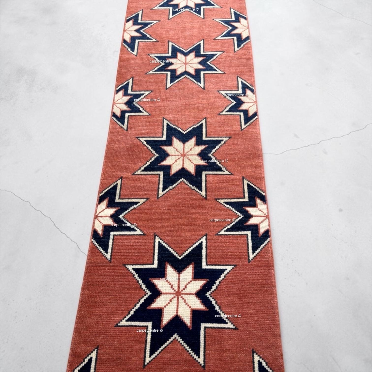 Terracotta Star Oushak Runner Rug | Geometric Navy Boho Hallway Entryway Rug