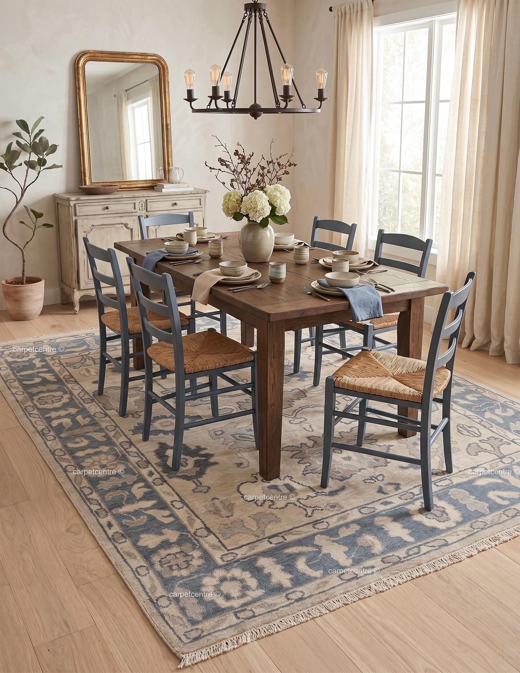 Muted Blue Beige Oushak Rug | Hand Knotted Wool Turkish Area Rug