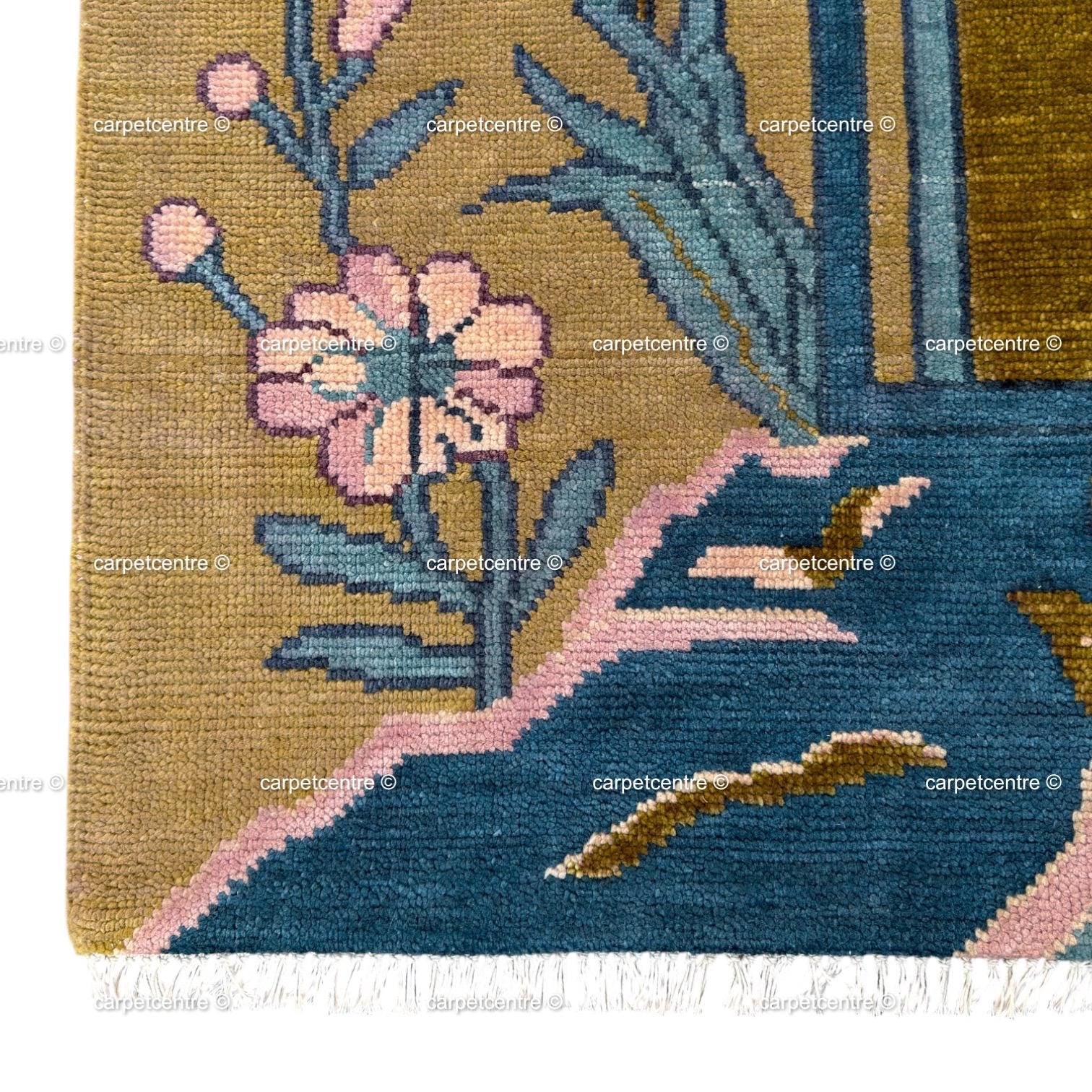 Olive Green Chinoiserie Wool Rug, Hand-Knotted Bird Pagoda Design