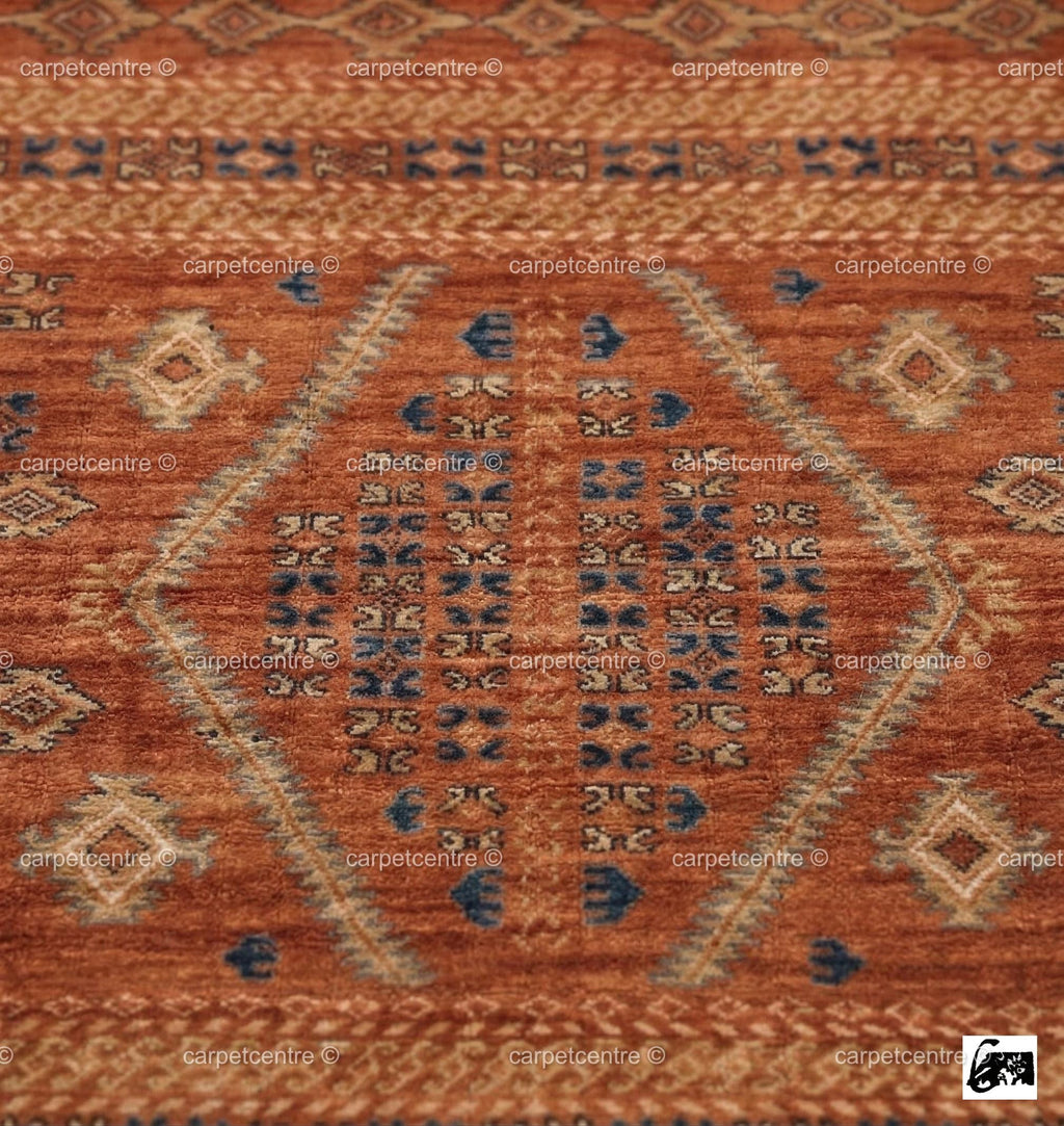 Hand-Knotted Wool Oushak Rug: Terracotta, Rust, Blue Geometric Medallion Area Rug