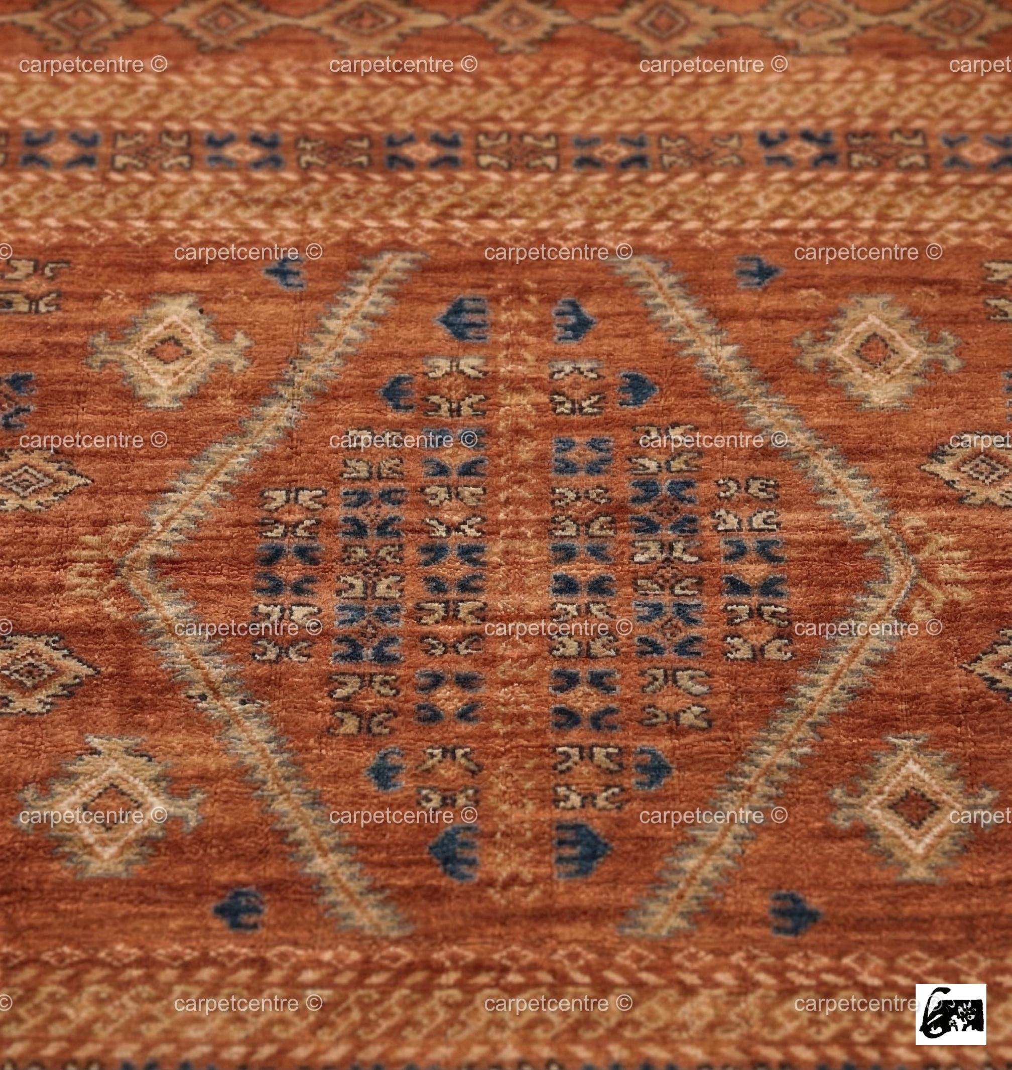 Hand-Knotted Wool Oushak Rug: Terracotta, Rust, Blue Geometric Medallion Area Rug