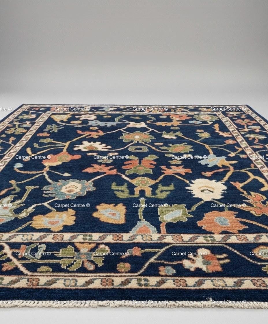Navy Blue Wool Oushak Rug, Hand-Knotted Turkish Knot, William Morris Style