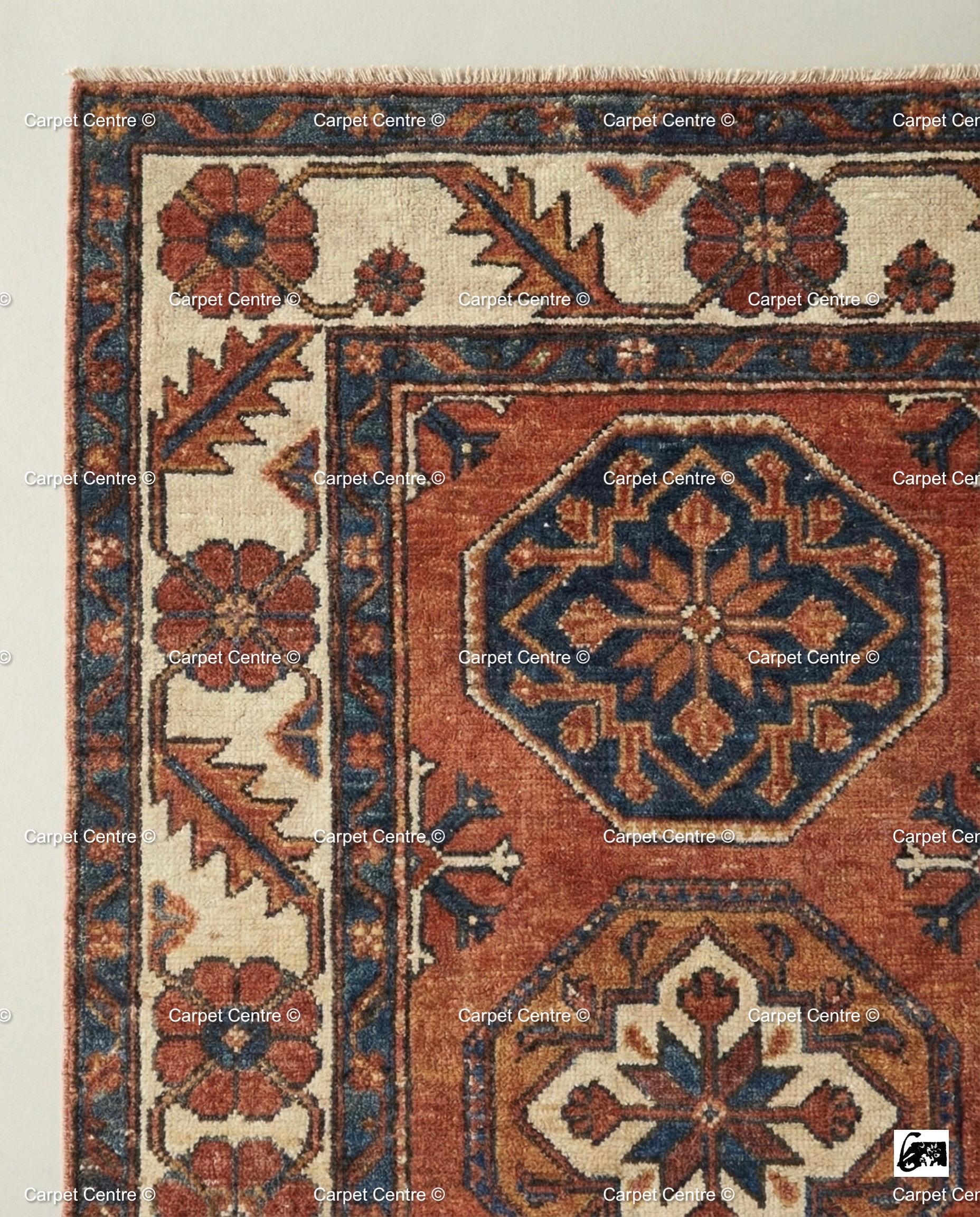 Hand Knotted Wool Oushak Rug, Terracotta Rust & Navy Geometric Carpet