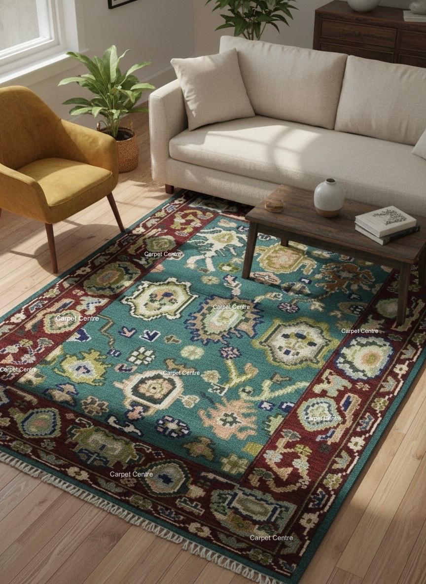 Teal Oushak Rug, Hand-Knotted Wool Area Rug, Red Border