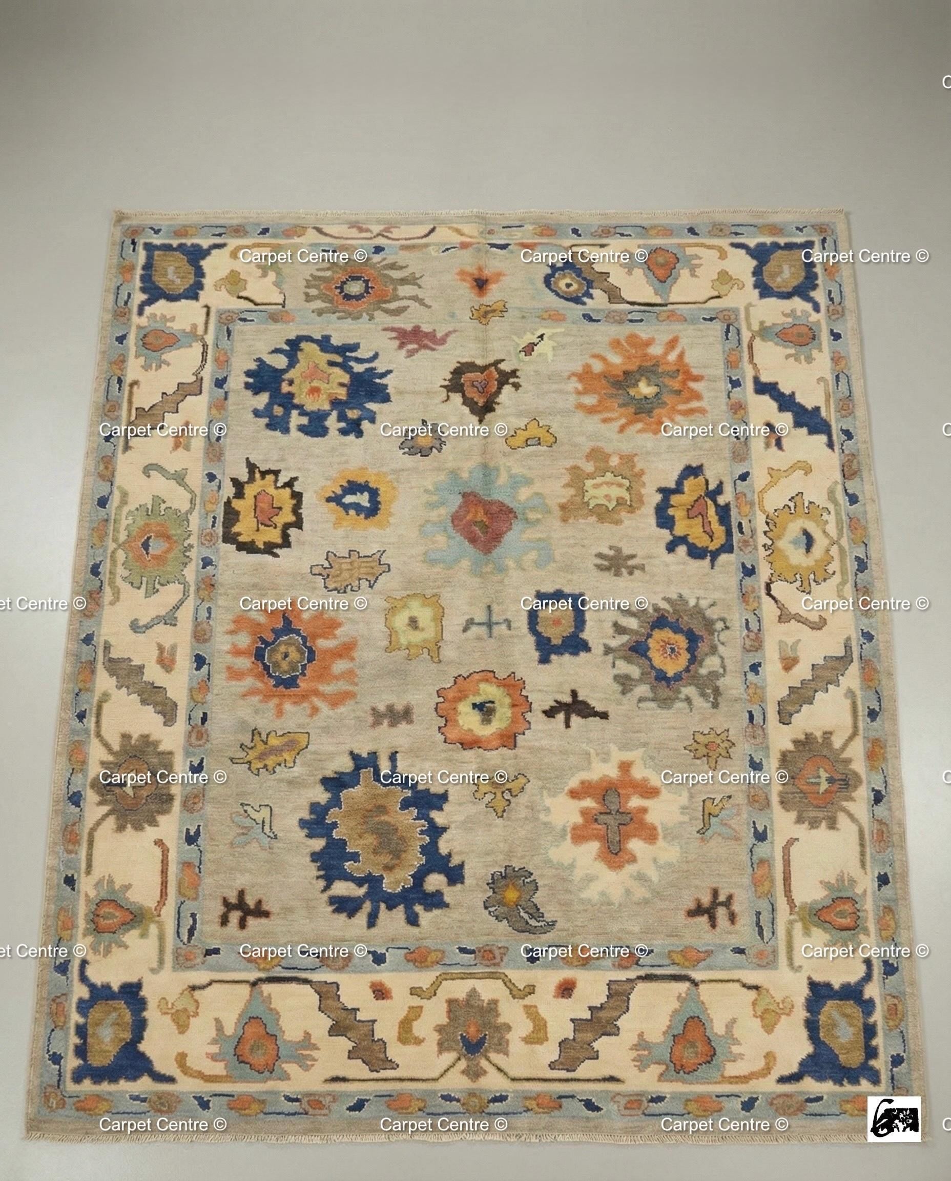 Hand-Knotted Wool Oushak Rug, Tribal Geometric Medallions, 8x10