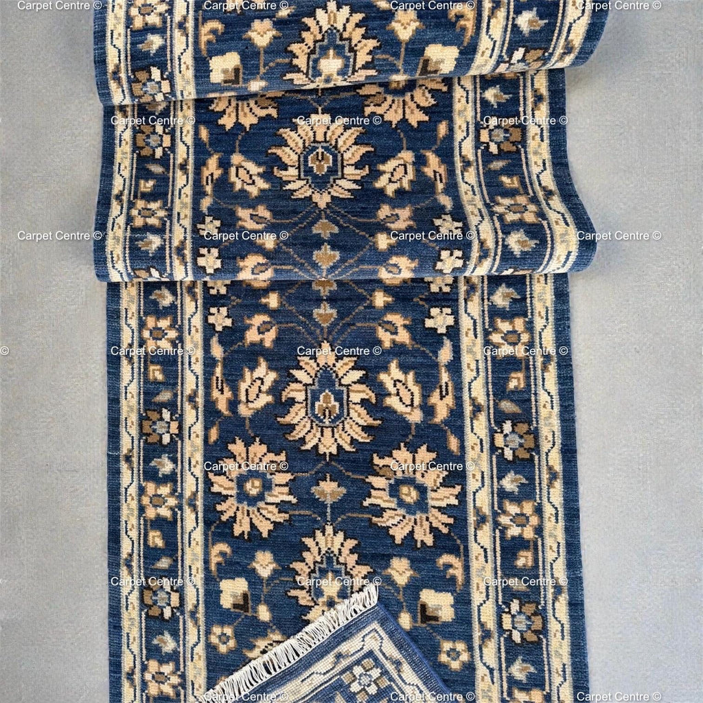 Handmade Oushak Wool Runner Rug: Navy Blue Floral Hallway Rug