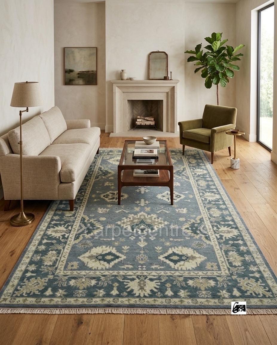 Muted Blue Oushak Rug | Vintage Geometric Turkish Wool Area Rug