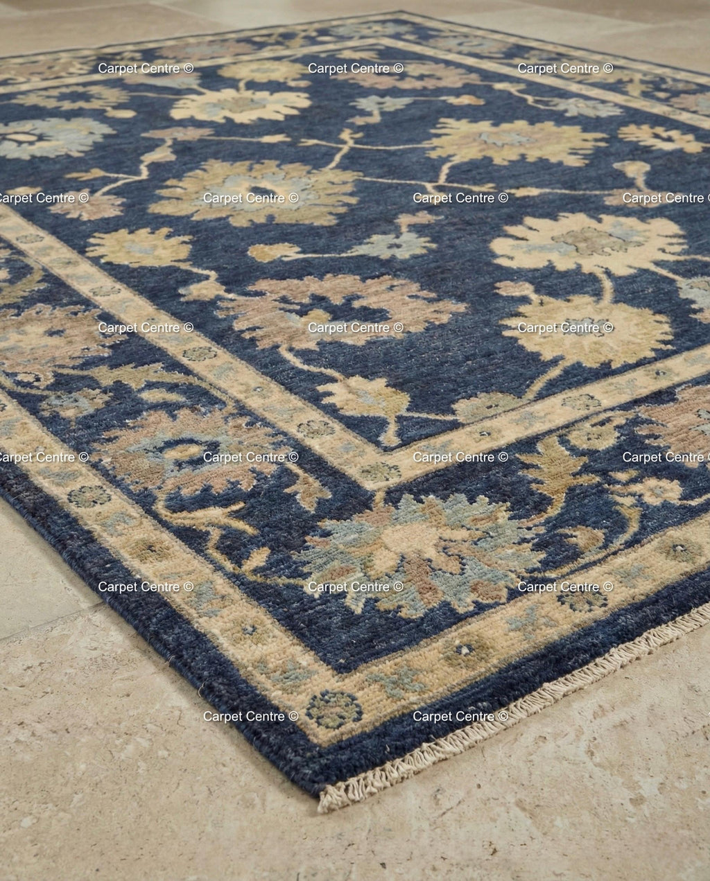 Hand-Knotted Navy Oushak Rug, Wool Floral Turkish Carpet, Traditional Living Room Decor