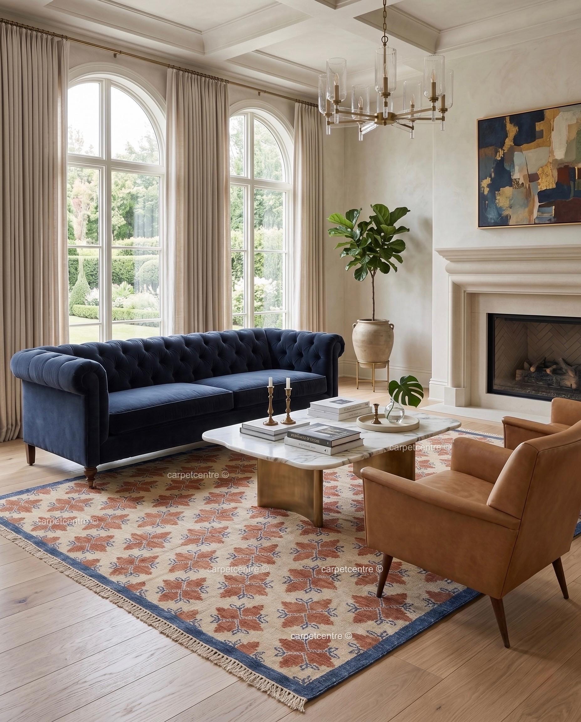 Handmade Wool Oushak Rug, Geometric Boho Turkish Carpet, Burnt Orange Beige Blue