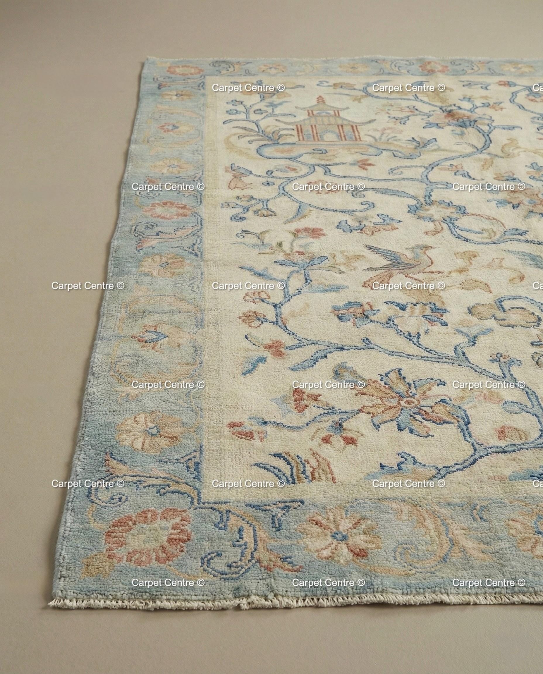 Hand-Knotted Wool Oushak Rug, Cream Chinoiserie Peking Design