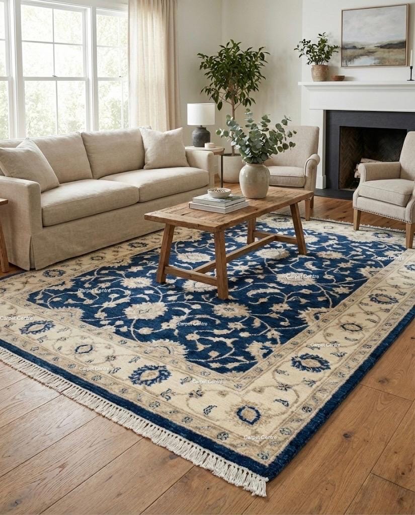 Navy Blue Oushak Rug, Hand-Knotted Wool, Ivory Floral Turkish Knot