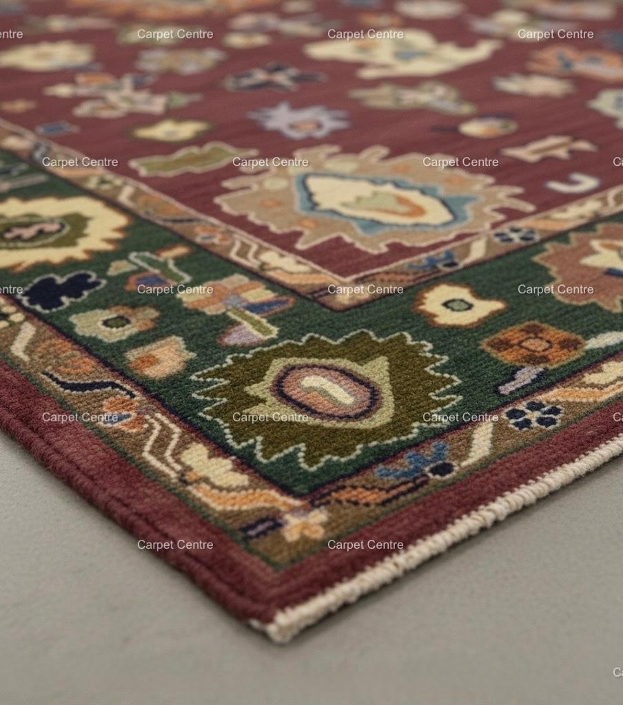 Maroon Oushak Rug, Hand-Knotted Wool Rug, Red and Green, 8x10
