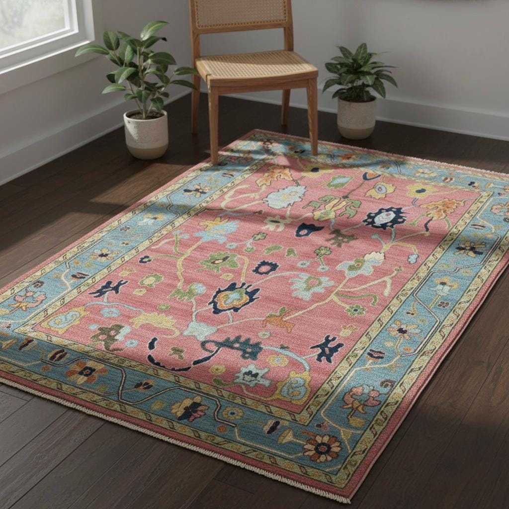Hand-Knotted Oushak Wool Rug | Pink & Sky Blue Folk Floral