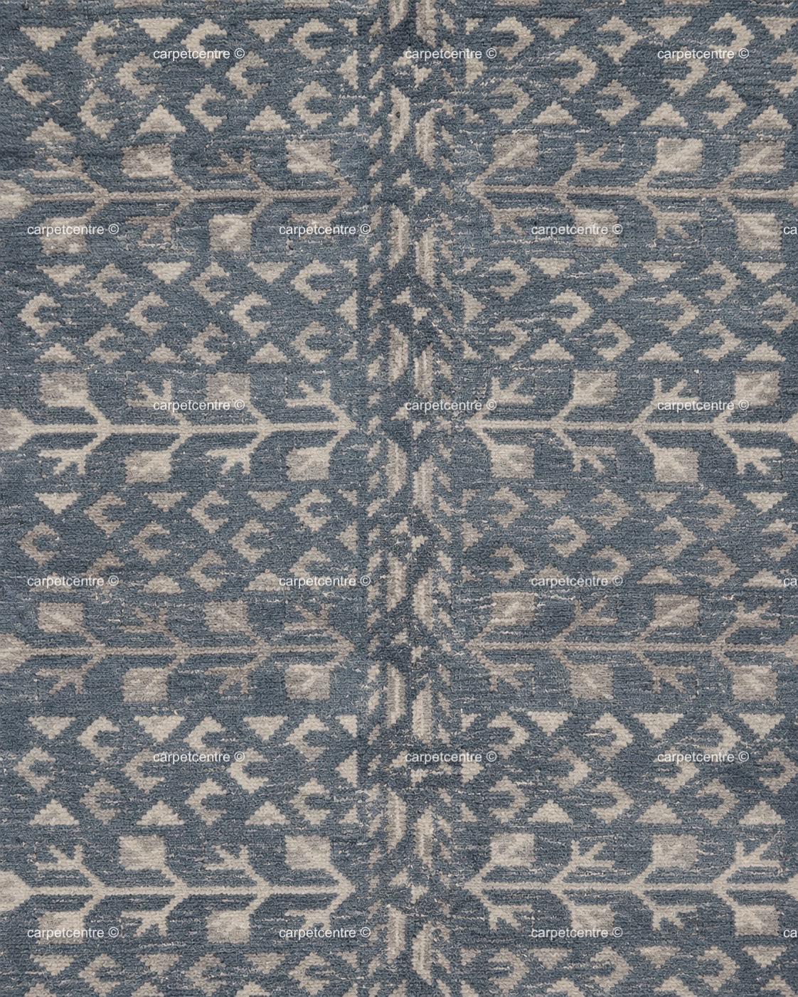 Hand Knotted Oushak Rug: Blue Tribal Wool, Turkish Design, Living Room Area Carpet