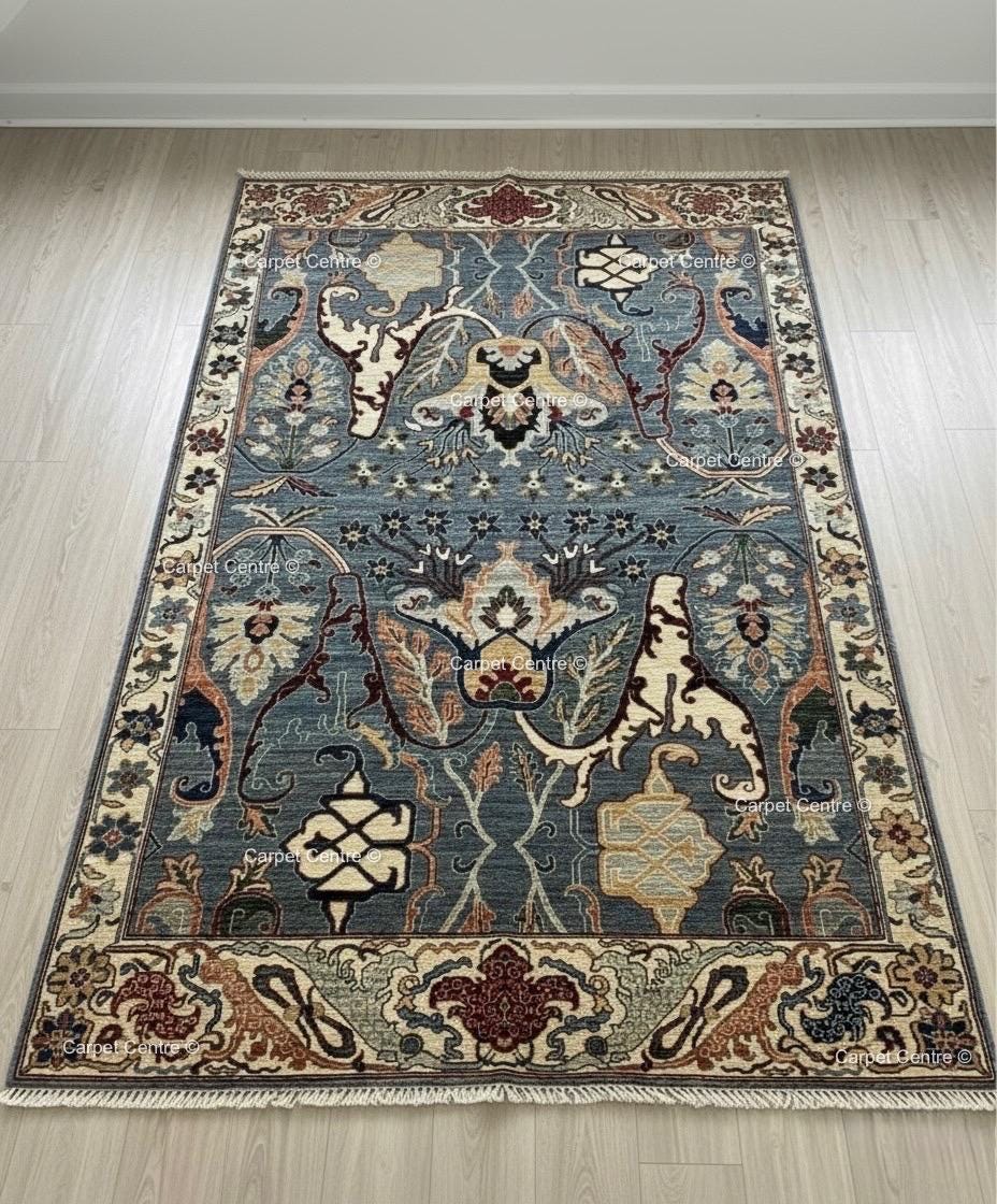 Hand-Knotted Dusty Blue Wool Rug | Traditional Oriental Design