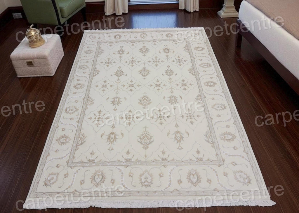 Vintage Handwoven Wool Medallion Rug: Cream and Art Silk, 7'10"x5'9"