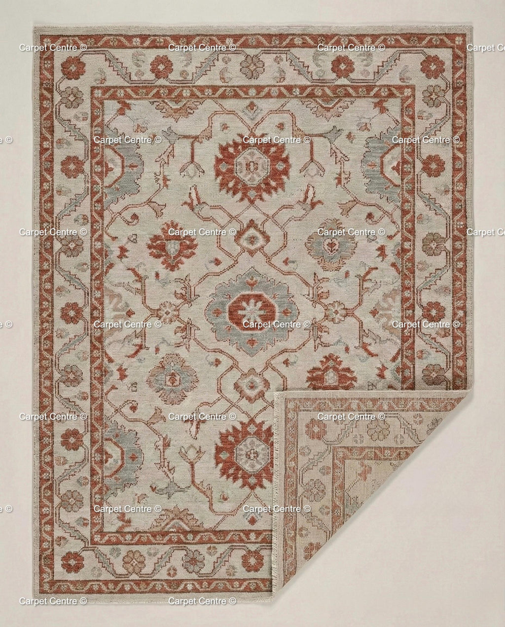 Hand Knotted Turkish Wool Oushak Rug, Rust & Slate Geometric