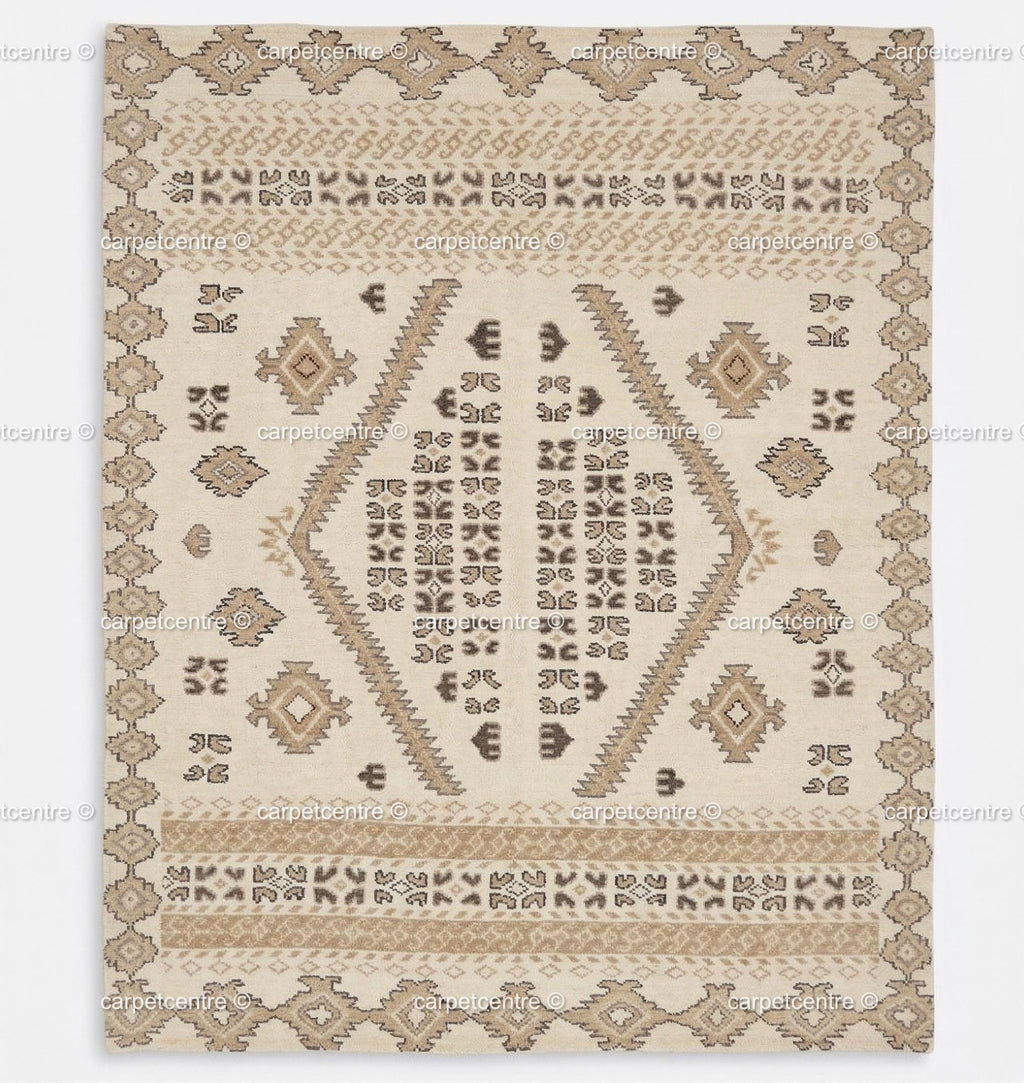 Hand-Knotted Oushak Wool Rug, Neutral Geometric Tribal Carpet, 8x10 9x12