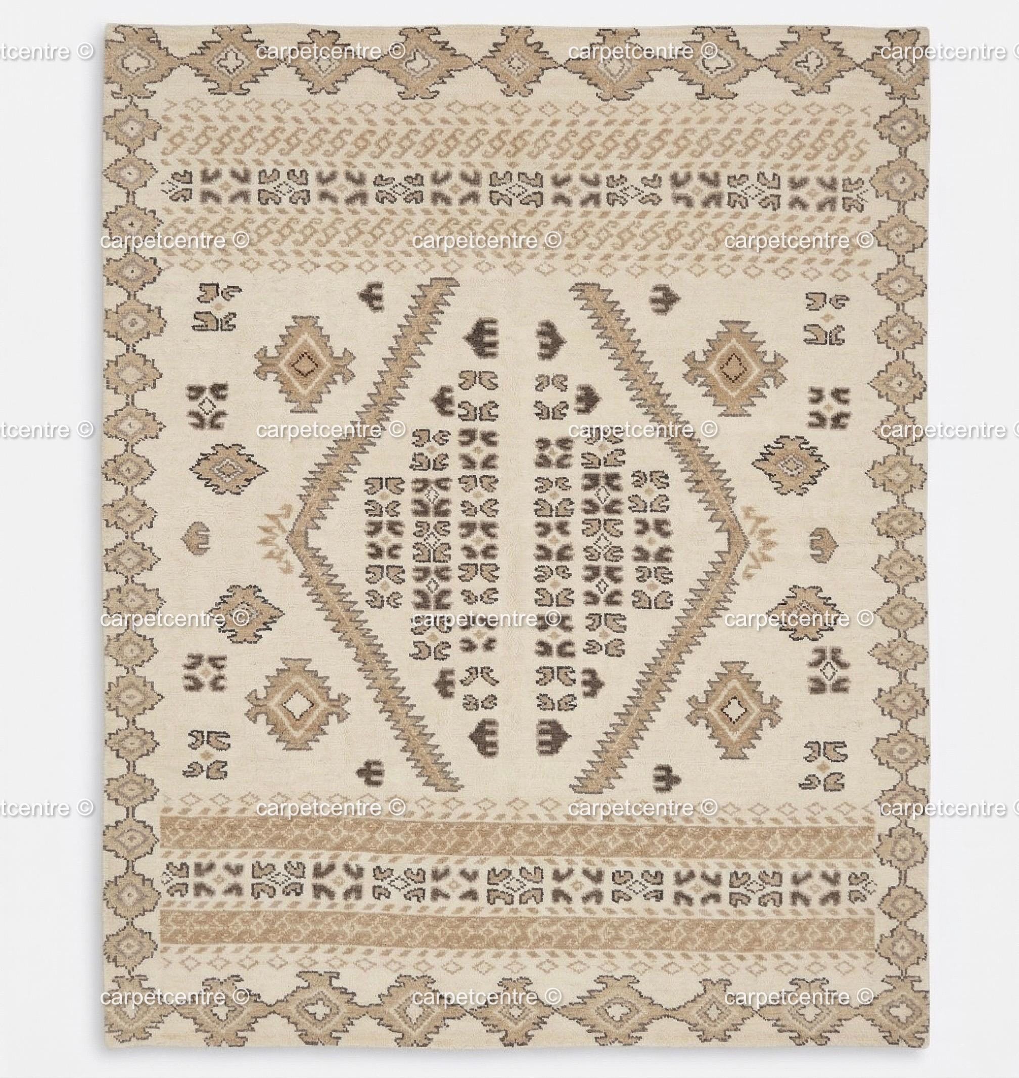 Hand-Knotted Oushak Wool Rug, Neutral Geometric Tribal Carpet, 8x10 9x12