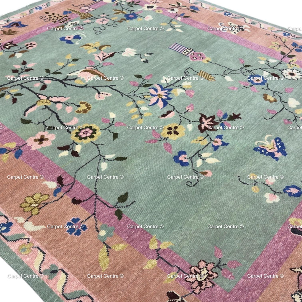 Hand Knotted Oushak Wool Rug, Chinoiserie Floral Oriental Carpet, Pastel Living Room Bedroom