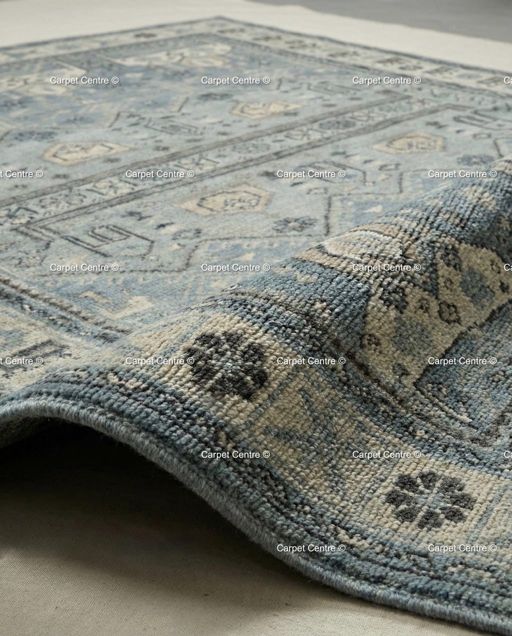 Hand-Knotted Wool Oushak Rug | Slate Blue Geometric Turkish Knot