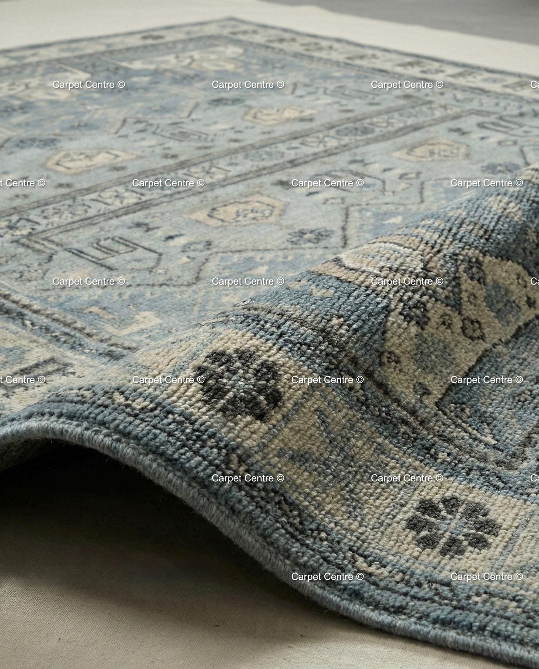 Hand-Knotted Wool Oushak Rug | Slate Blue Geometric Turkish Knot