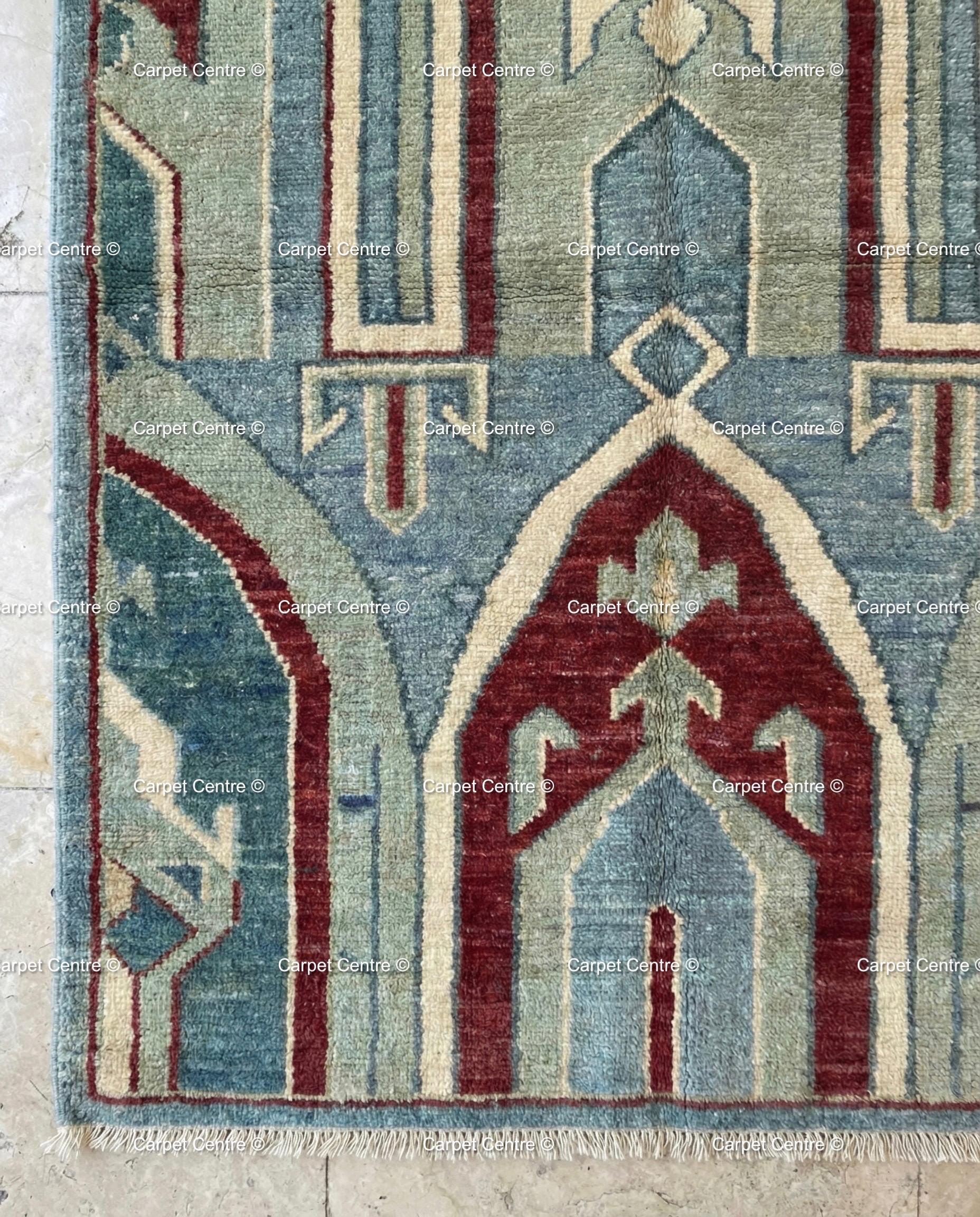Hand Knotted Teal Oushak Rug, Geometric Arch Design, Turkish Wool