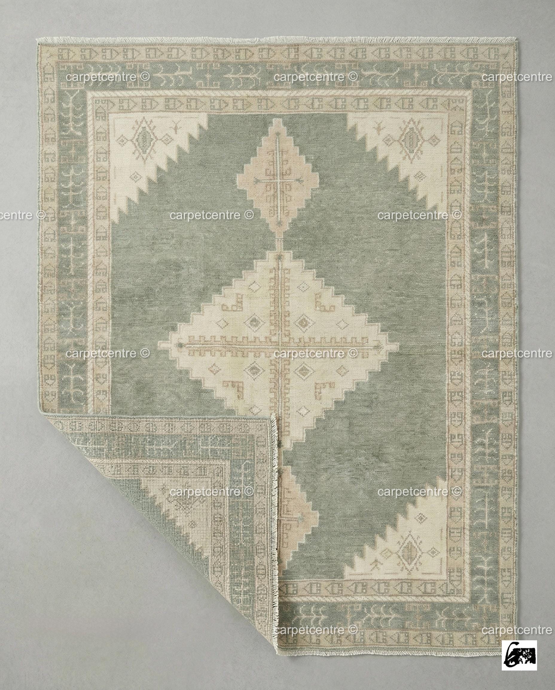 Hand Knotted Wool Rug, Muted Sage Green Pastel Turkish Style Area Rug