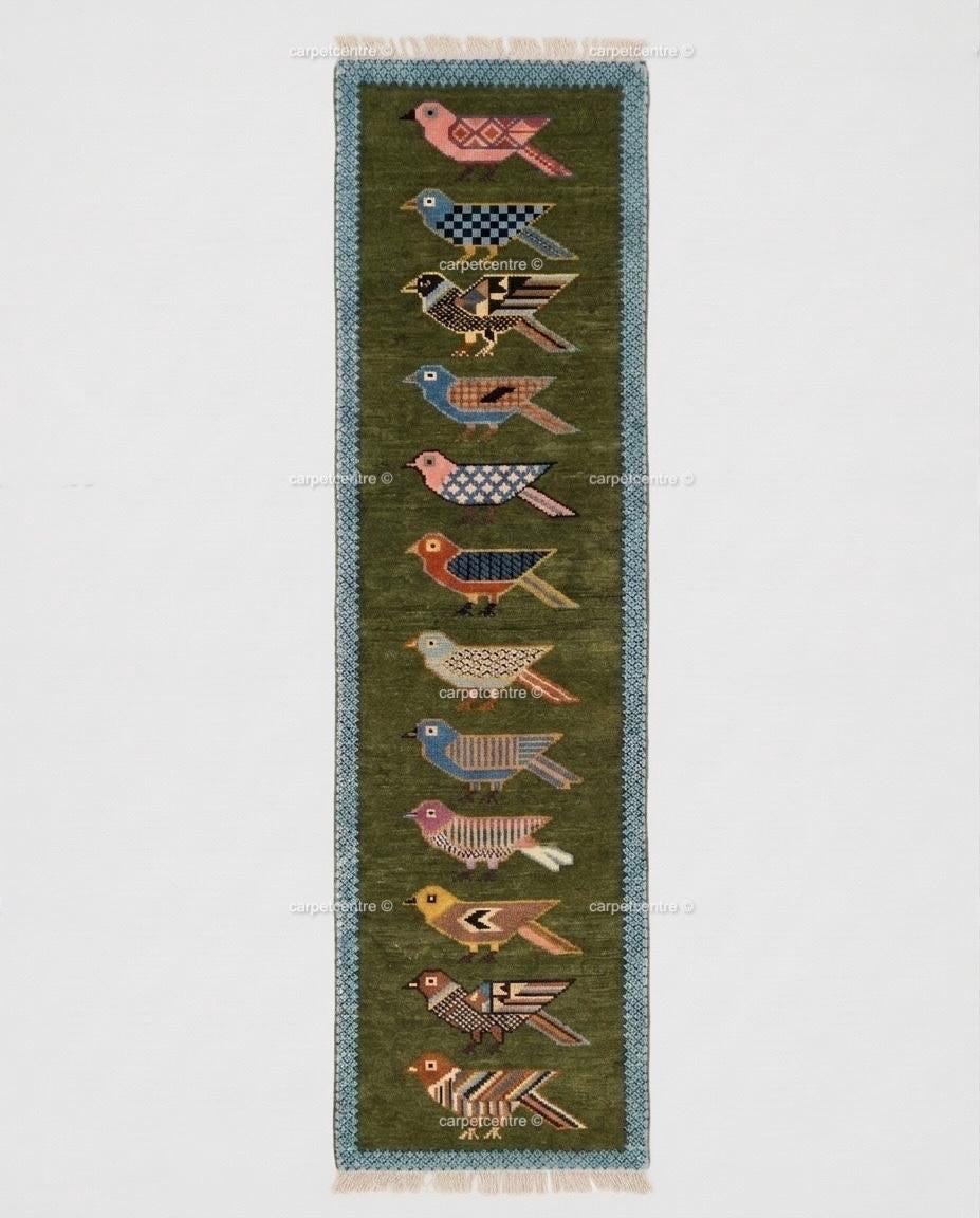 Handmade Wool Runner Rug, Folk Art Bird Design, Olive Green Carpet, Custom Sizes