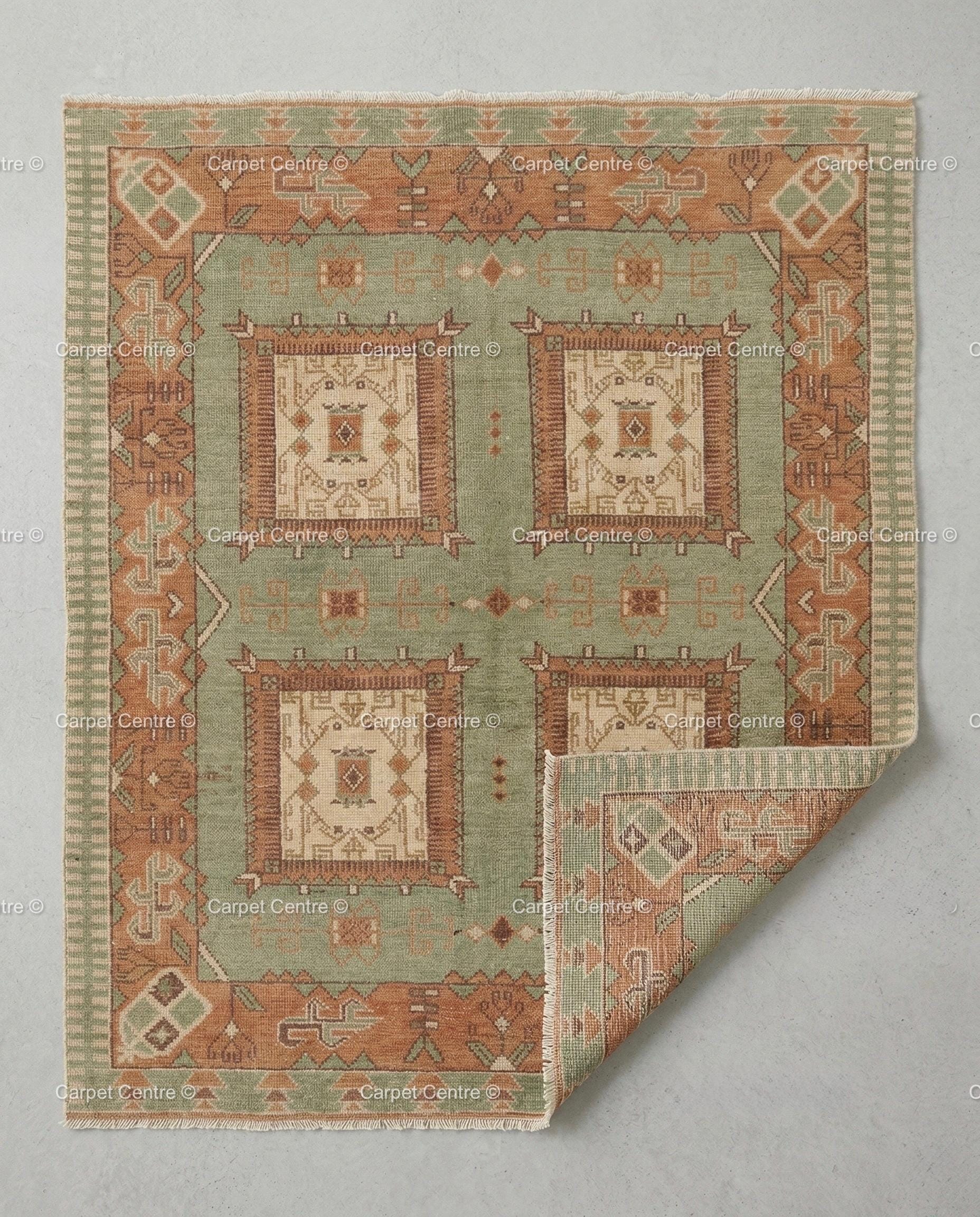 Sage Green Oushak Hand Knotted Wool Rug, Southwestern Geometric Medallion Area Rug