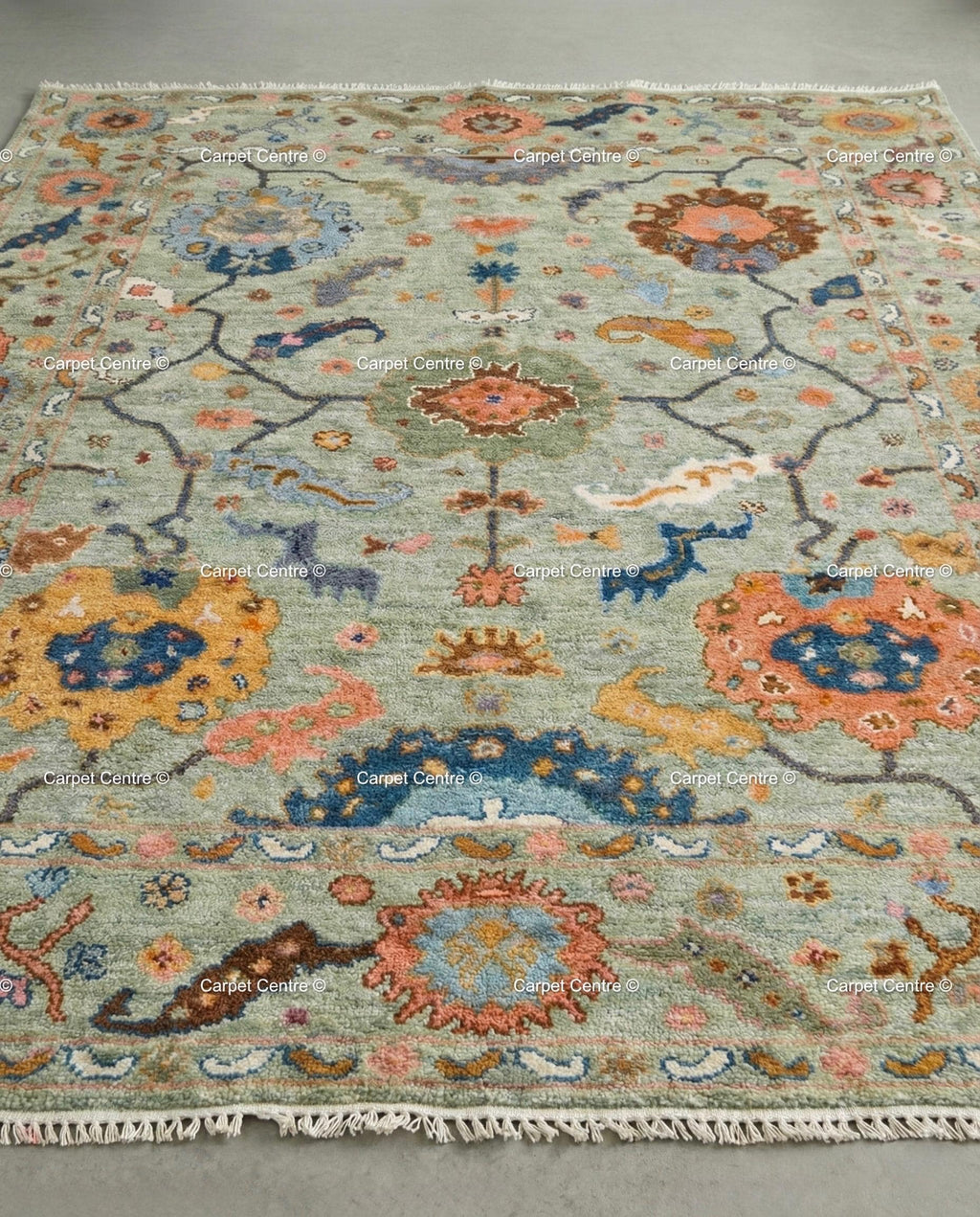 Sage Green Oushak Rug, Hand Knotted Wool, Arts & Crafts Floral