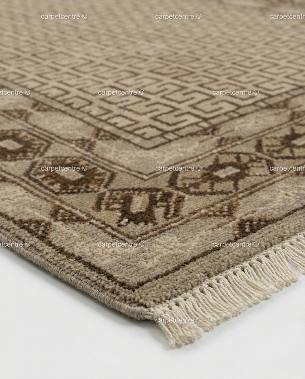 Neutral Geometric Oushak Rug | Beige Greek Key Wool Carpet (Custom Sizes)