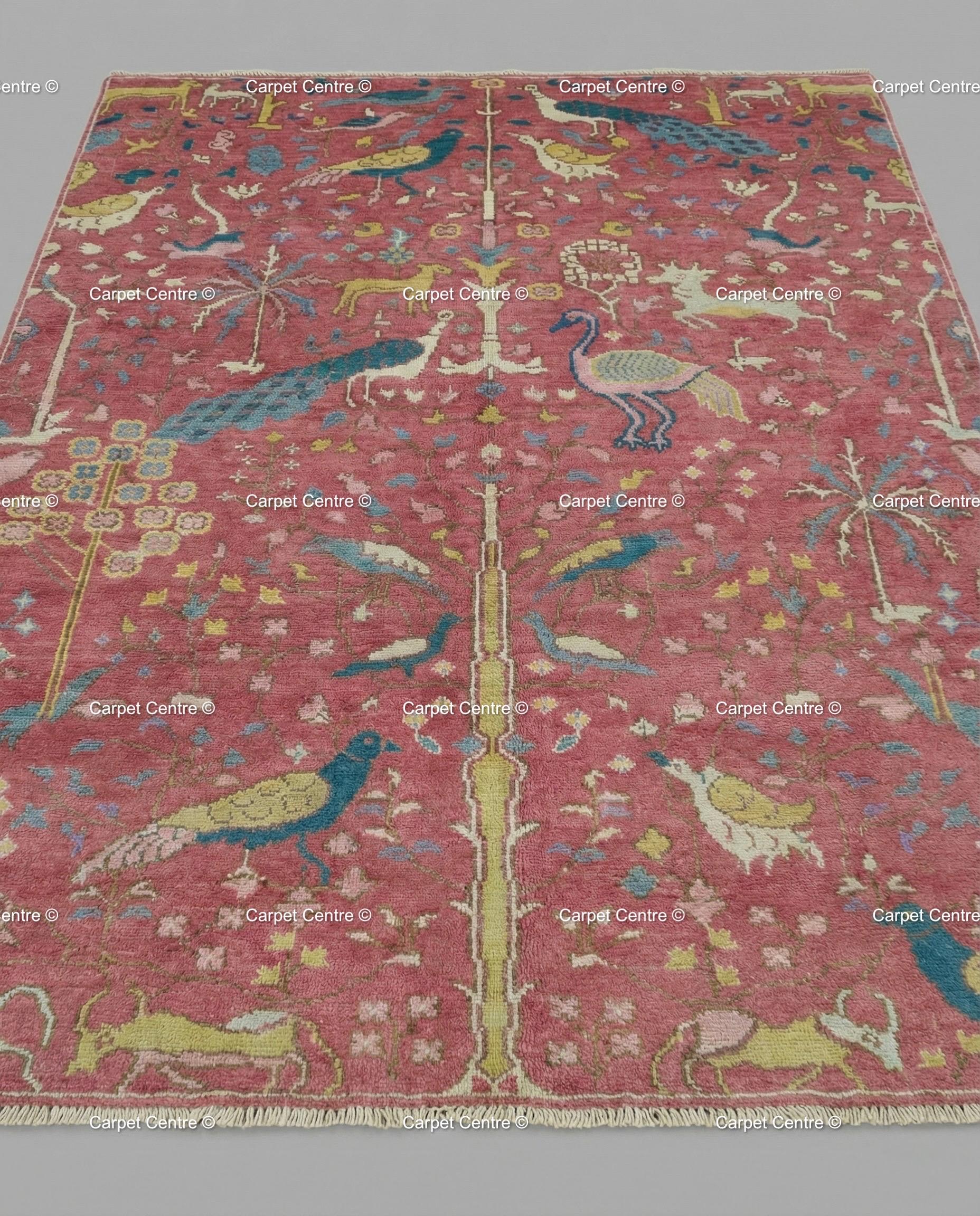 Pink Oushak Rug, Hand Knotted Wool Tree of Life Animal Rug
